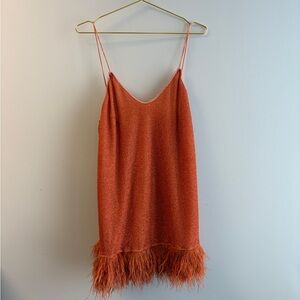 Oseree Orange Feather Hem Slip Dress